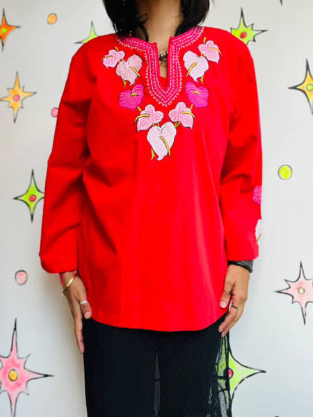 Vintage Cherry Red Boho Embroidered Cotton Blouse – Peasant Folk Top – Flowy XL