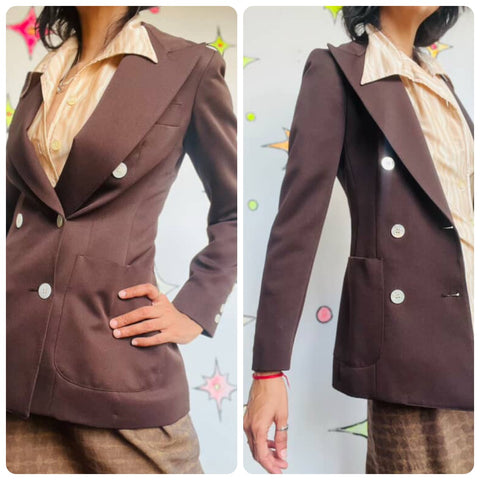 70s Evan Picone Neiman Marcus Chocolate Brown Blazer Big Collar Retro Jacket 0/2