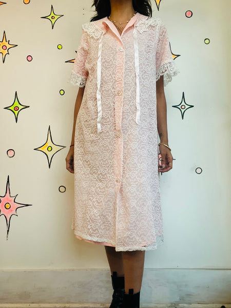 Vintage White Lace Pink Robe Victorian Romantic Babydoll Pegnoir Bed Jacket S/M