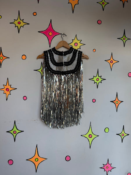 Silver Fringe Cape Disco Cowboy Studio 54 - 70s Showgirl Metallic Cosmic Circus