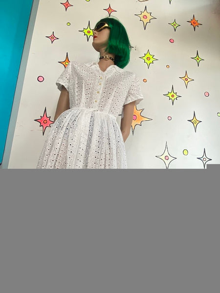 1950s Nelly Don White Lace Rockabilly Midi Dress Collared Vintage S