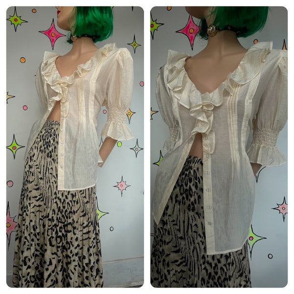 Ruffle Ivory Secretary Top Babydoll Romantic Edwardian Vintage Poet Blouse XL