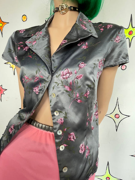 Vintage 90s Satin Floral Button Up Shirt Silver and Purple Fairy Grunge Blouse M