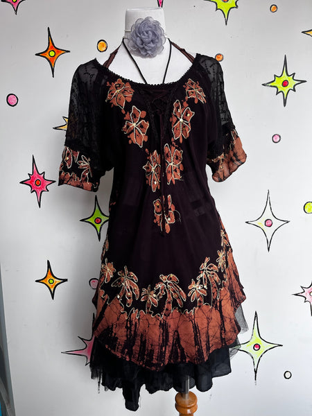 Y2K Piratecore Gauzy Cotton & Lace Mini Dress Embellished Boho Fairy Grunge L