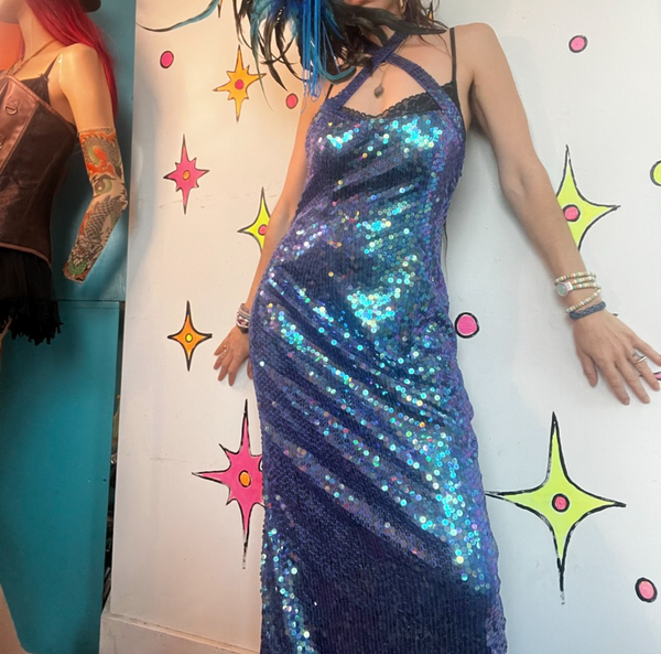 80s 90s Sparkling Blue Mermaid Gown Evening Dress Formal Prom Party Dress | ML