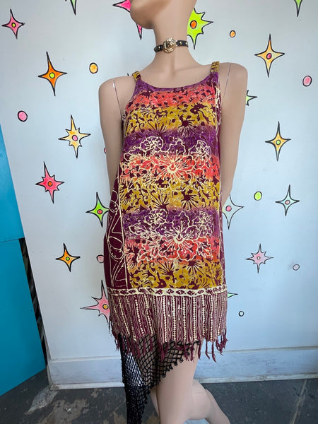 Hawaiian Summer Fringe Mini Dress Boho Grunge Tie Dye Western Cotton Festival ML