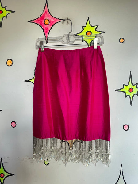 Johanne Beck Silk Luxe Hot Pink Skirt w Iridescent Beaded Fringe Flapper Glam S