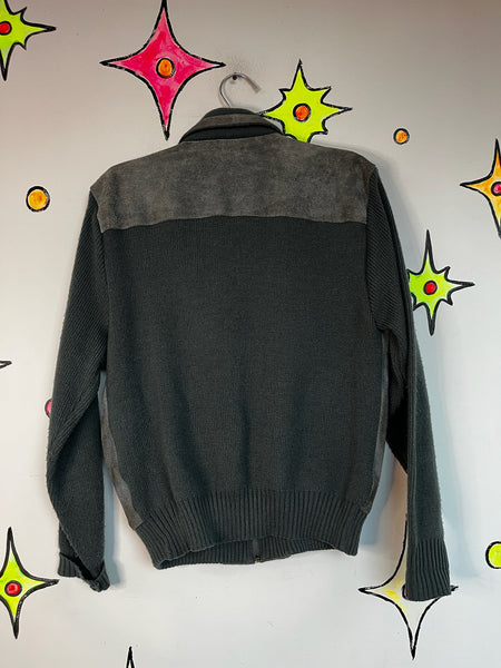 Vintage 90s Gray Suede Leather Bomber Sweater Moto Jacket - Retro Grunge - L
