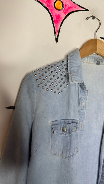Studded Denim Western Shirt Y2K Cowgirl Rodeo Grunge Button Down - Large