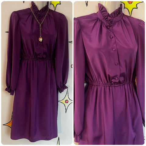 Vintage 80s | Purple Ruffle Neck Silky Victorian Steam Punk Secretary Dress | 6