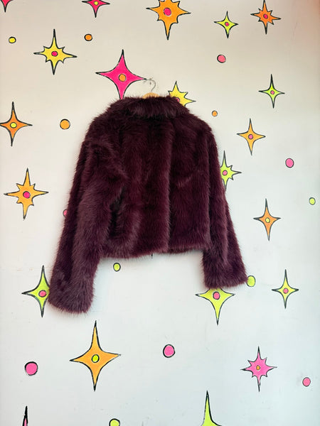 Y2K Purple Faux Fur Coat Plush Teddy Jacket Goth Glam McBling Cozy Grunge L XL