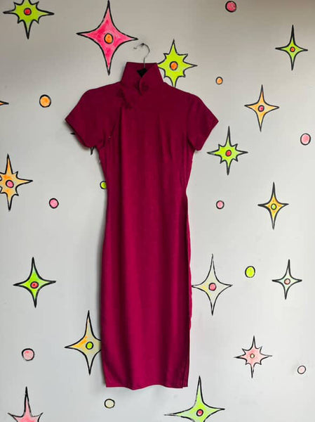 Vintage Pink Silk Kimono Geisha Wiggle Dress - Asian Inspired Midi Dress - XS