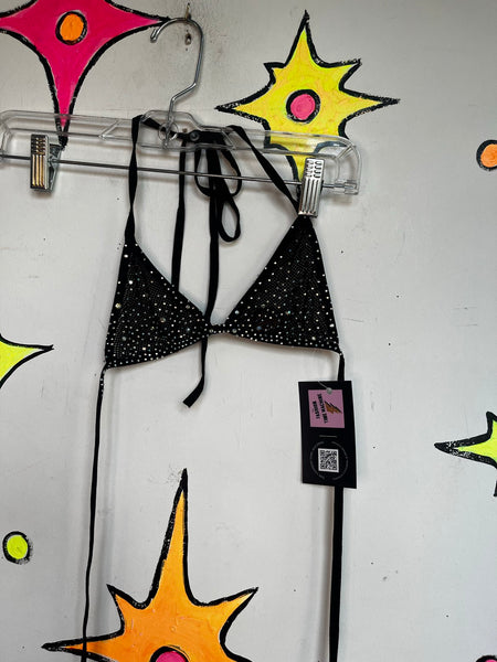 Y2K Black Mesh Rhinestone Lingerie Set Garter Skirt & Bikini Top Goth Glam PinUp