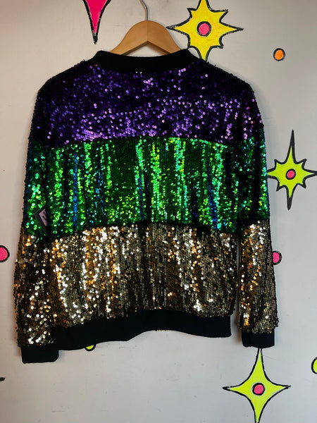 Vintage Sequin Bomber Jacket | Retro Mardi Gras Party Glam Maximalist M
