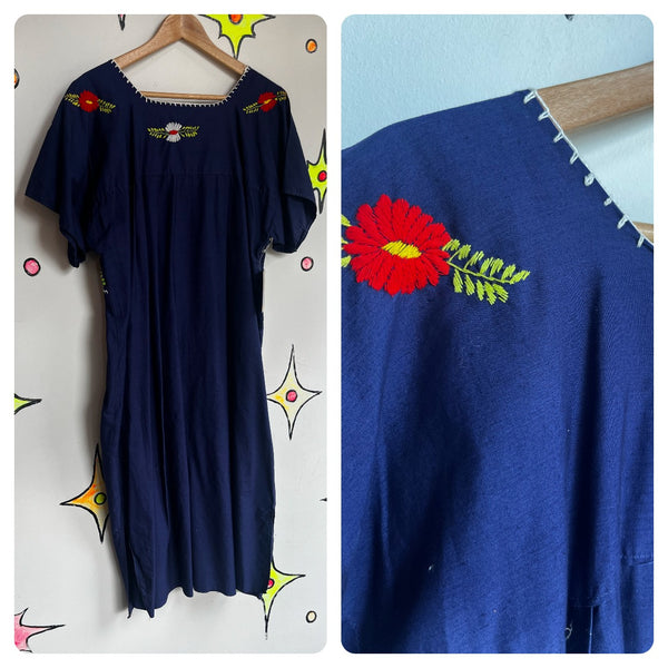 Vintage 60s 70s | Navy Boho Oaxacan Mexican Hand Embroidered Festival Dress