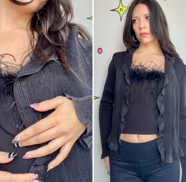 Vintage 90s Black Pleated Goth Blouse Minimalist Dark Academia Grunge Top ML