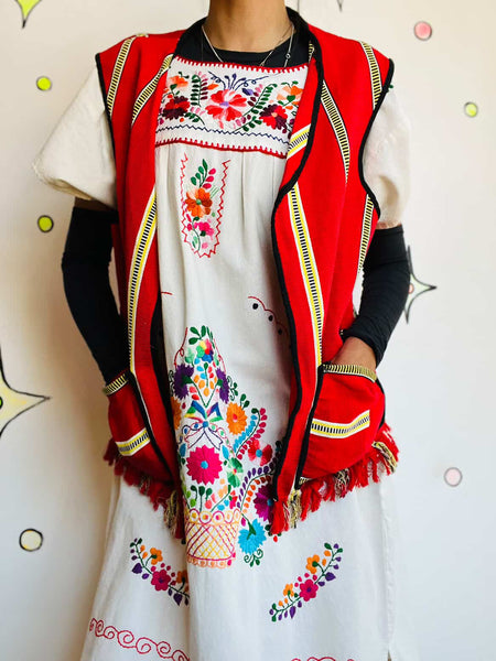 Vintage 60s 70s Boho Grunge Red Tapestry Fringe Vest Festival Hippie Western M/L