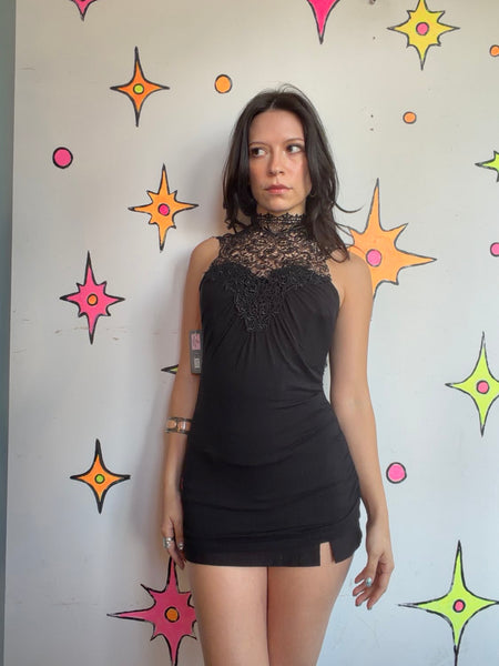 Black Lace Crochet Mini Dress Goth Fairy Grunge Romantic Vamp Layering Dress S