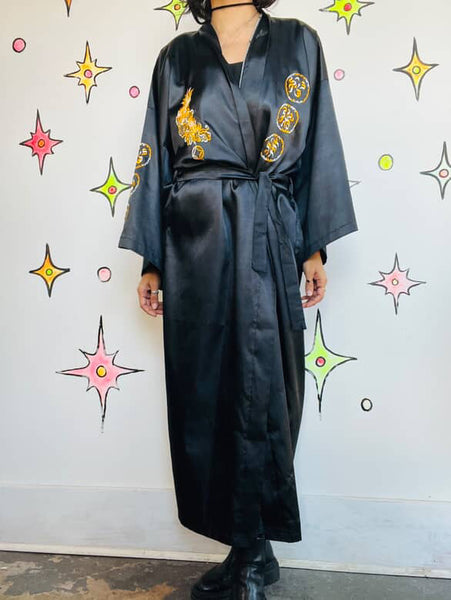 Vintage Black & Gold Satin Embroidered Kimono Lounge Robe w Dragon Size M-L