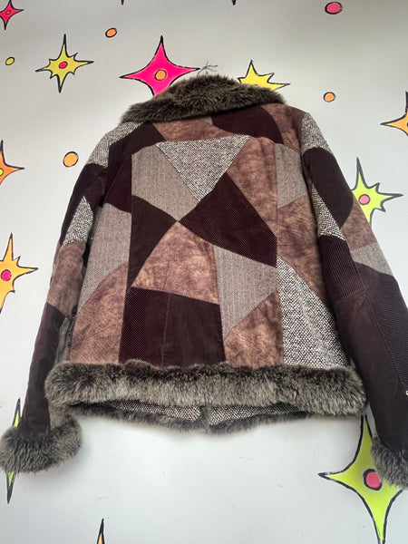 Y2K Penny Lane Faux Fur Patchwork Coat Boho Glam Western Festival Luxe L