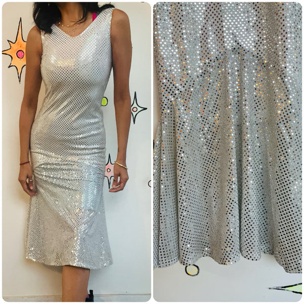 Vintage Metallic Silver Flapper Disco Party Dress – 1920s-Inspired Glam – XS/S