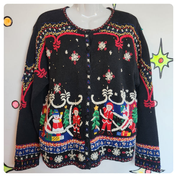 Vintage 90s | Santa Christmas Tree Tacky Ugly Embellished Christmas Sweater | M