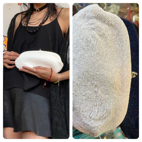 Vintage 1950s | White Beaded Evening Glam Kisslock Purse Bag Handbag Mini Clutch