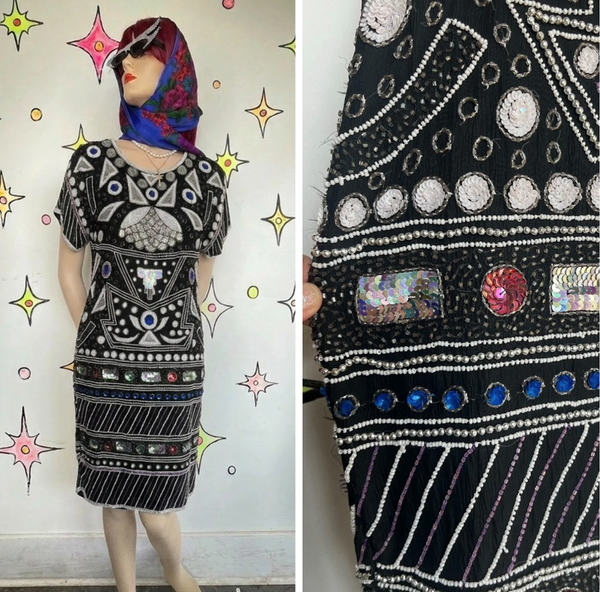 Vintage 80s 90s | Black Silver Fully Beaded Sequin Party Dress | M