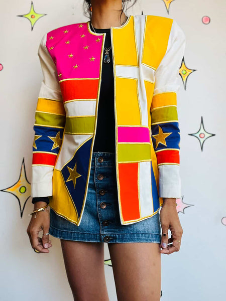 Vintage 80s 90s IBE Wearable Art Rainbow Blazer w Gold Stars - Patchwork – Sz 8