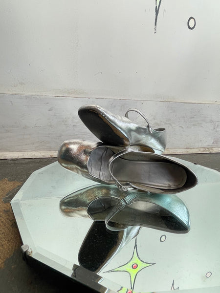 Vintage Silver Mary Jane Heels 20s Revival Flapper Shoes Art Deco Party Pumps 7