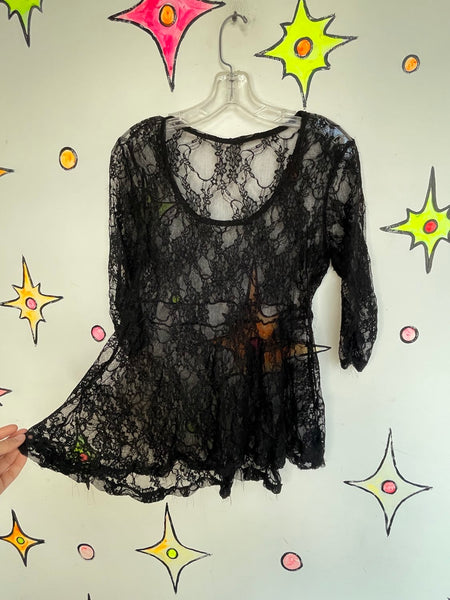 Y2K Black Lace Sheer Top | Whimsy Goth Y2K Babydoll Fairy Grunge Romantic S/M