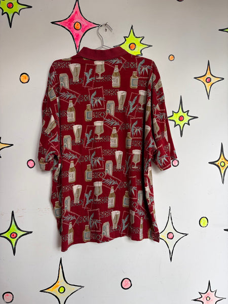 Vintage Red Tiki Souvenir Aloha Party Shirt Hawaiian Polo Knit Plus Size XXL+