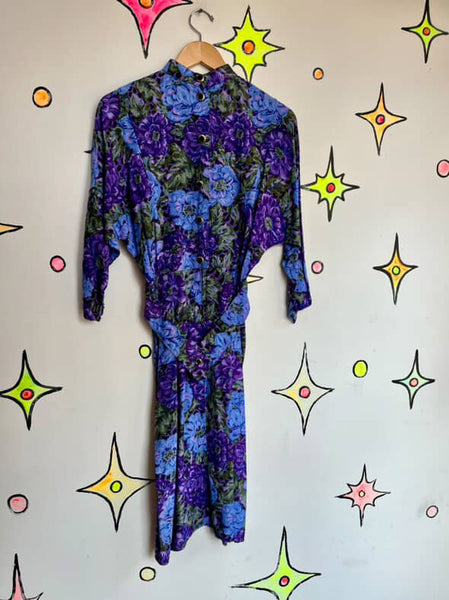 Vintage 1980s Purple Floral Batwing Secretary Dress - Boho Grunge Midi - Small