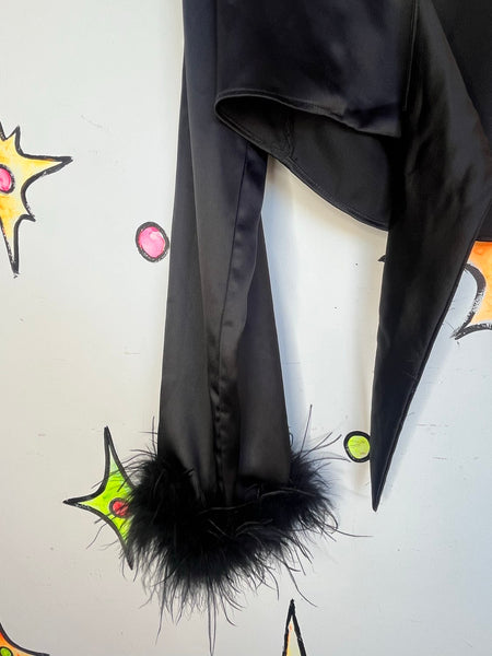 Black Wrap Crop Blouse with Feather Trim | Glam Goth Y2K Statement Top – M