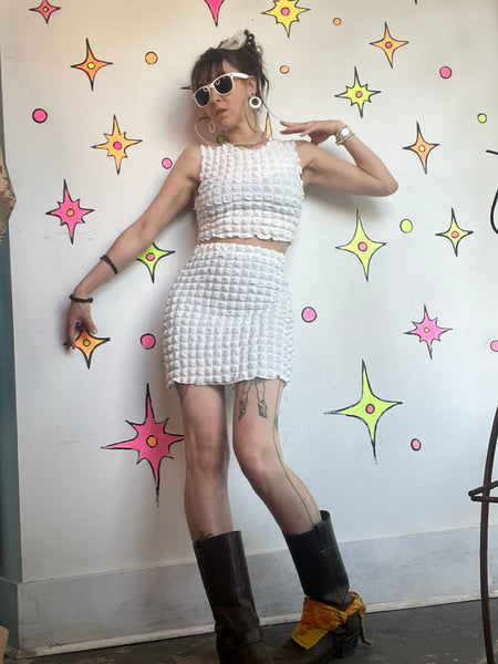 Y2K White Popcorn Two Piece Set | Stretch Mini Skirt Crop Top Coquette Resort M