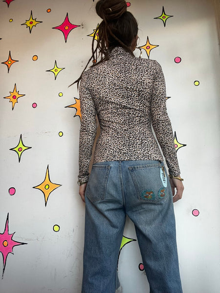 Vintage Leopard Print Turtleneck Top 90s Y2K Animal Print Goth Grunge M