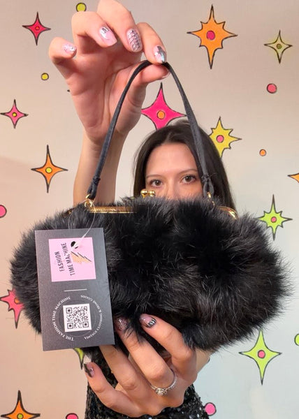 Vintage Black Fur Kiss Lock Purse | Old Hollywood Evening Bag Glam