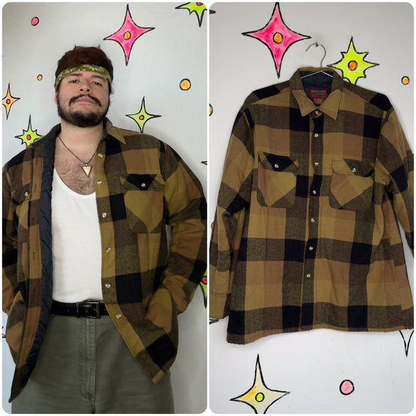 90s Ochre Plaid Wool Blend Jacket Grunge Flannel Lined Shirt Jacket Men’s Large