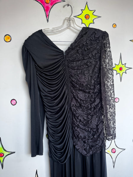 Vintage 80s Black Ruched Lace Jumpsuit | Goth Glam Formal Party Gown – L