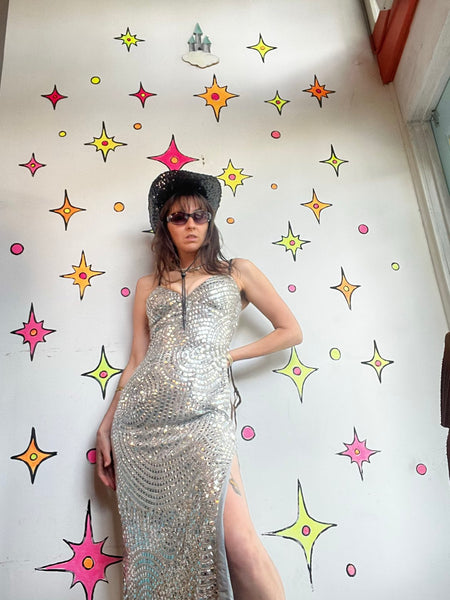 Vintage Silver Beaded Silk Gown Movie Star Glam Evening Dress Formal 90s S