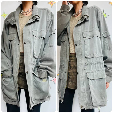 Vintage Military Green Grunge Utility Jacket - Oversized Fit Army Chore Coat XL