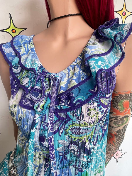 Turquoise Purple Pleated Ruffled Floral Paisley Tattoo Print Whimsy Fairy Top L