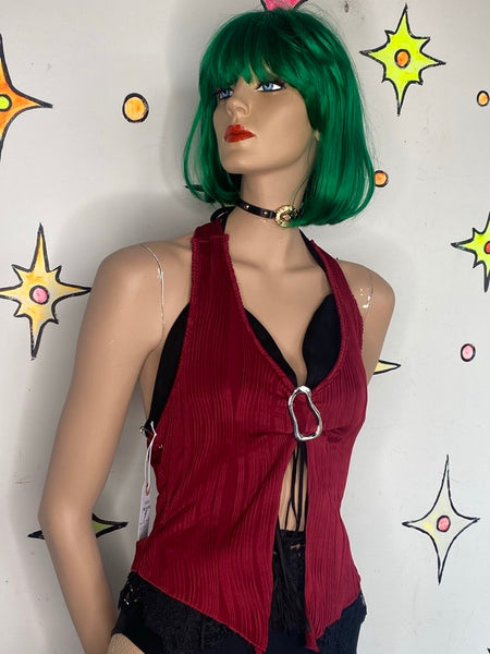 Red Halter Top Metal Hardware Pleated Rave Party Grunge Glam Y2K S