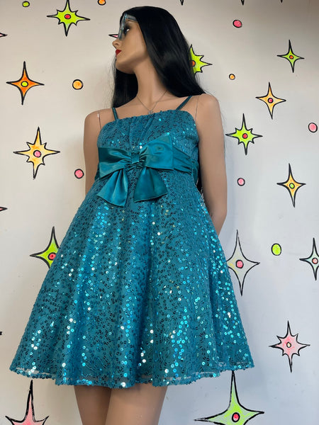 Blue Sequin Party Dress Kawaii Princess Cupcake Fit & Flare Tutu Twirl Dress XS