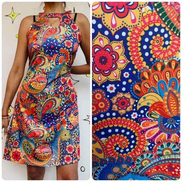 Retro 60s 70s Mod GoGo Psychedelic Rainbow Paisley Mini Party Dress - M/L