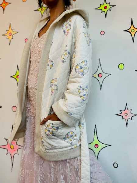 Vintage 80s Pastel QuiltedLounge Babydoll Nighty Robe Hooded Cozy Housecoat ML