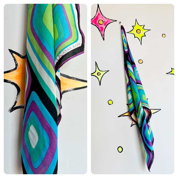 Anne Klein Funky Cyber Art Silk Scarf – Groovy Square Scarf – Y2K Retro – 21”