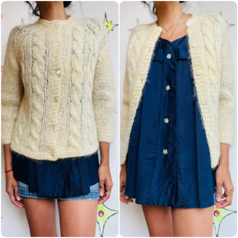 Vintage 50s Ivory Mohair Cardigan Sweater - Soft Cozy Retro Knit - Small