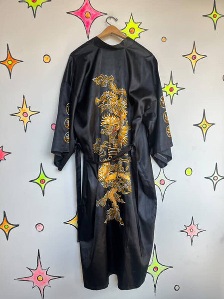 Vintage Black & Gold Satin Embroidered Kimono Lounge Robe w Dragon Size M-L