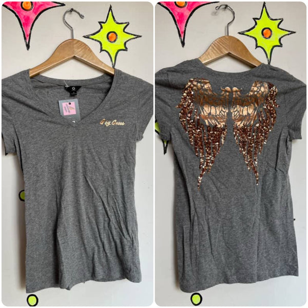 Y2K G by Guess Gray & Gold Angel Wings Baby Tee - Tattoo Print Fairy Grunge XS